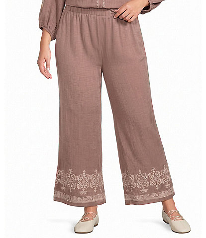 Calessa Plus Size Wide Leg Embroidered Border Hem Pull-On Coordinating Cropped Pants