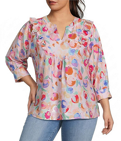Calessa Plus Size Woven Abstract Floral Split V-Neck 3/4 Sleeve Tunic