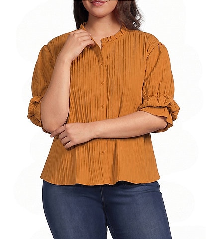 Calessa Plus Size Woven Band Collar Elbow Length Sleeve Button Front Shirt