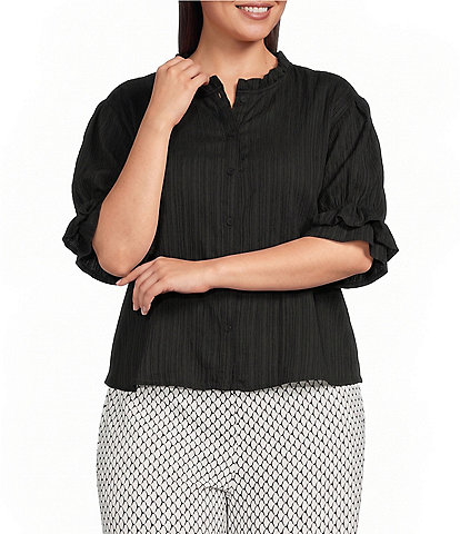 Calessa Plus Size Woven Band Ruffle Collar Elbow Ruffle Sleeve Button Front Shirt
