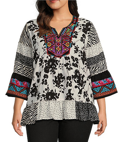Calessa Plus Size Woven Embroidered Patchwork Border Floral Print Split V Neck 3/4 Sleeve Straight Hem Pullover Tunic