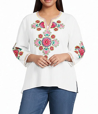 Calessa Plus Size Woven Embroidered Patchwork Print Round Split V-Neck Long Sleeve Tunic
