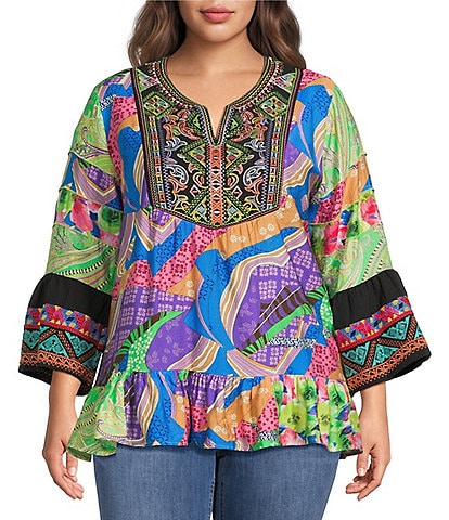 Calessa Plus Size Woven Embroidered Patchwork Split V-Neck 3/4 Bell Sleeve Tunic