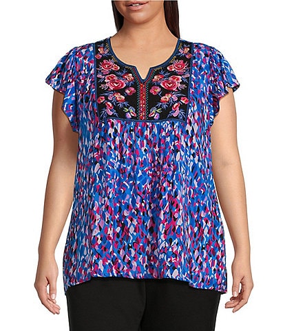 Calessa Plus Size Woven Embroidered Printed Split V Neck Cap Sleeve Ruffle Shirtttail Hem Pullover Top