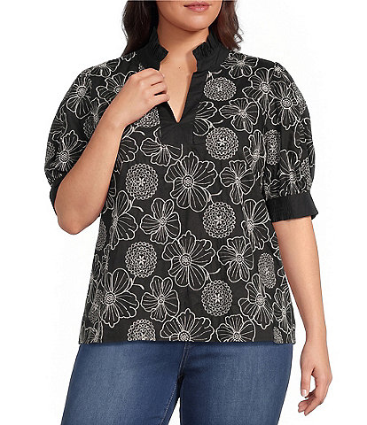 Calessa Plus Size Woven Embroidered Split Neck Band Elbow Puff Sleeve Tunic