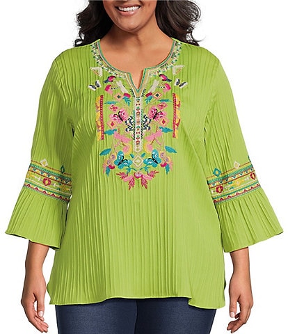 Calessa Plus Size Woven Embroidered Split Round Neck 3/4 Ruffle Sleeve Tunic