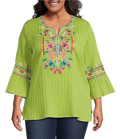 Calessa Plus Size Woven Embroidered Split Round Neck 3/4 Ruffle Sleeve Tunic