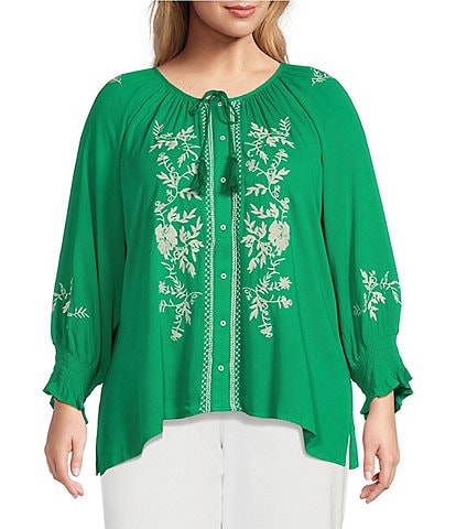 Calessa Plus Size Woven Embroidered Split Round Neck 3/4 Sleeve Straight Hem Button Front Blouse