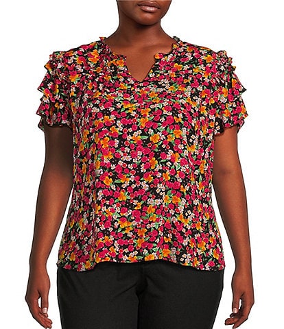 Calessa Plus Size Woven Floral Print Split V-Neck Short Sleeve Ruffle Pullover Top