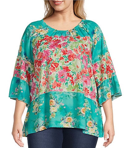 Calessa Plus Size Woven Garden Floral Print Scoop Neck 3/4 Sleeve Peasant Tunic