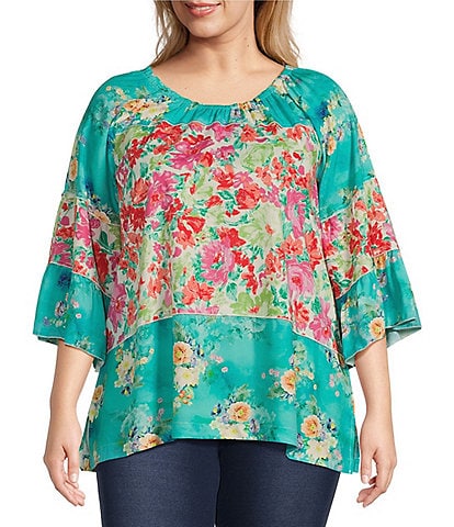 Calessa Plus Size Woven Garden Floral Print Scoop Neck 3/4 Sleeve Peasant Tunic