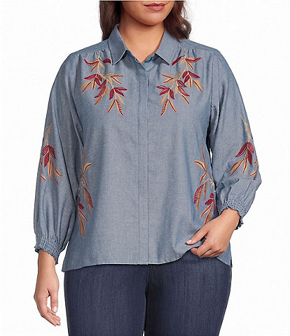 Calessa Plus Size Woven Leaf Embroidery Point Collar 3/4 Sleeve Button Front Shirt