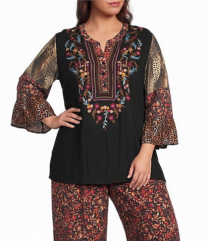 Calessa Plus Size Woven Multi Print Embroidered Split V-Neck 3/4 Bell Sleeve Tunic