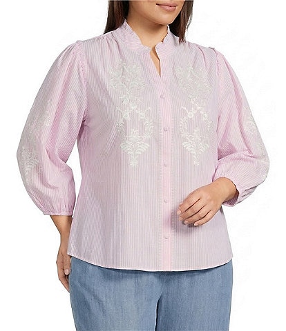 Calessa Plus Size Woven Stripe Split V-Neck 3/4 Balloon Sleeve Embroidered Button Front Tunic