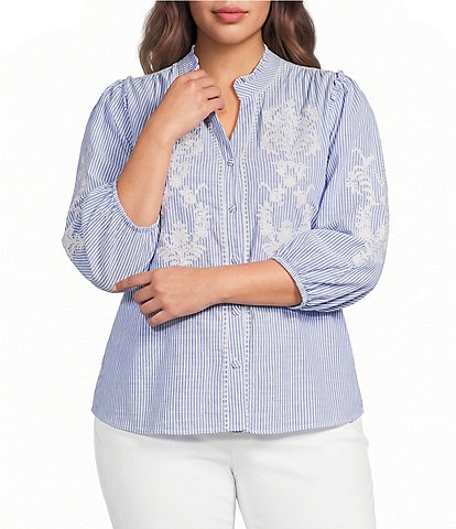 Calessa Plus Size Woven Stripe Split V-Neck 3/4 Balloon Sleeve Embroidered Button Front Tunic