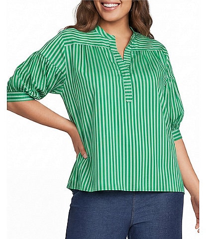 Calessa Plus Size Woven Stripe Split V-Neck Elbow Length Sleeve Tunic