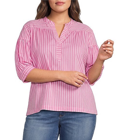 Calessa Plus Size Woven Stripe Split V-Neck Elbow Length Sleeve Tunic