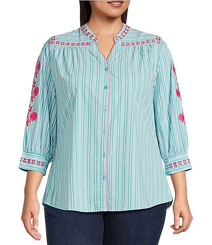 Calessa Plus Size Woven Striped Embroidered Split V-Neck 3/4 Sleeve Button Front Tunic