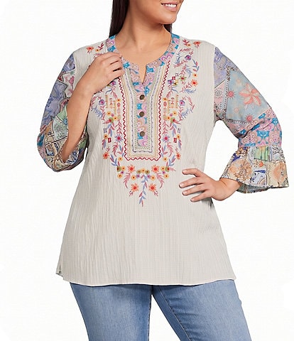Calessa Plus Size Woven Textured Embroidered Patchwork Split V-Neck 3/4 Bell Sleeve Tunic