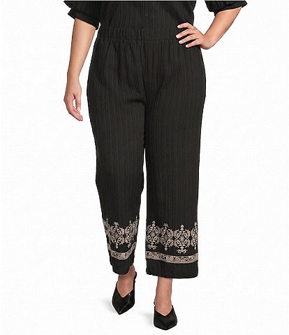 Calessa Plus Size Woven Wide Leg Embroidered Hem Pull-On Pants