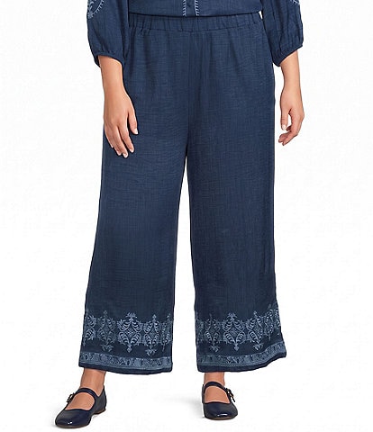 Calessa Plus Size Woven Wide Leg Embroidered Hem Pull-On Coordinating Pants