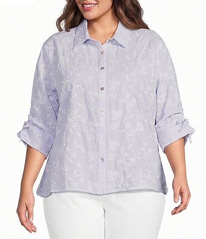 Calessa Plus Size Woven Yarn Dye Stripe Embroidered Point Collar 3/4 Roll-Tab Sleeve Button Front Tunic