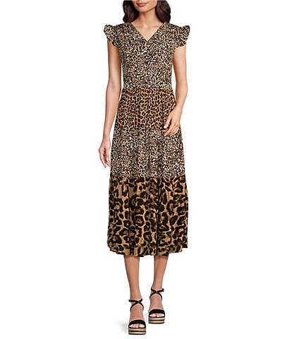 Calessa Printed Animal Patchwork V Neckline Flutter Cap Sleeve Midi Dress