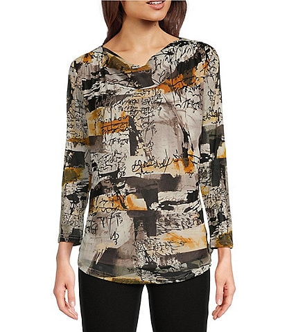 Calessa Printed Drape Neck Long Sleeve Mesh Knit Top