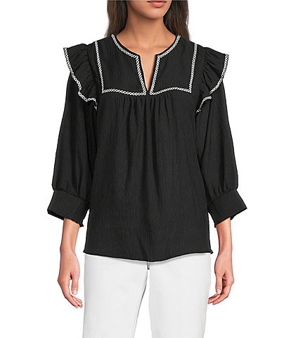 Calessa Round Split V-Neck 3/4 Sleeve Cross Stitch Trim Tunic