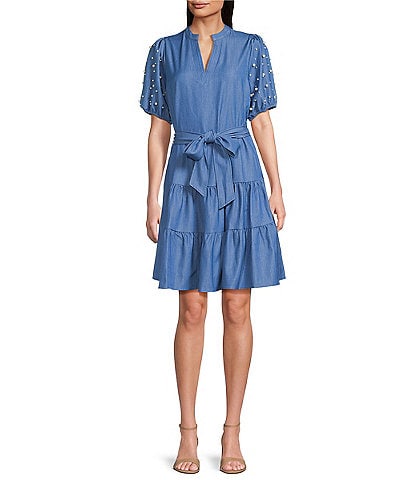 Calessa Short Pearl Sleeve Split V-Neck Tiered Chambray Dress