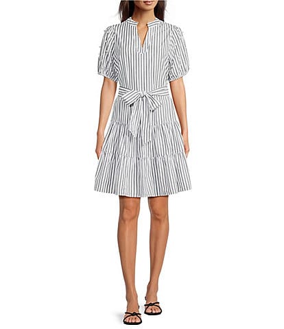 Calessa Short Pearl Sleeve Split V-Neck Tiered Tie Belt Striped Dress
