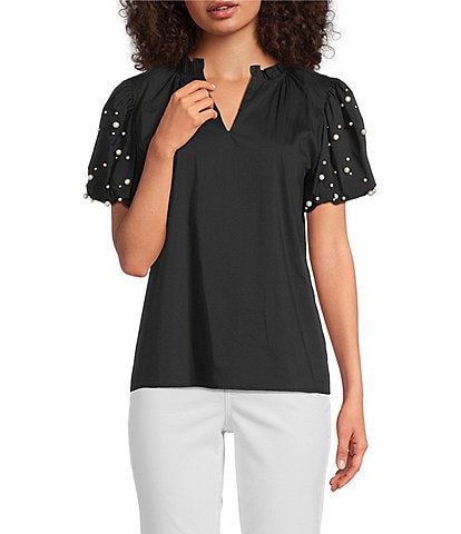 Calessa Short Pearl Sleeve Split V-Neck Woven Blouse