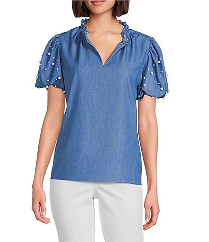 Calessa Short Pearl Sleeve Split V-Neck Woven Chambray Blouse