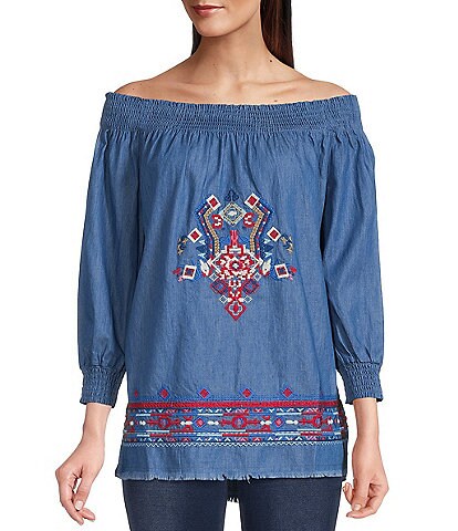 Calessa Smocked Off-the-Shoulder 3/4 Sleeve Embroidered Denim Peasant Top