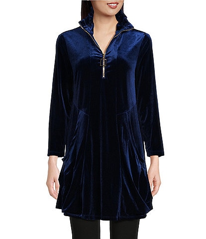 Calessa Solid Velvet Knit Zip Wire Collar 3/4 Sleeve Front Pocket Tunic