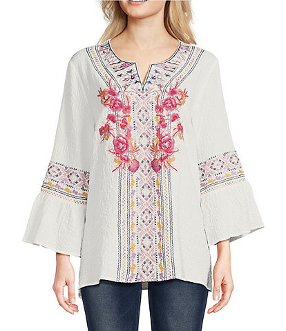 Calessa Split Neck Embroidered Tie Detail 3/4 Bell Sleeve Tunic