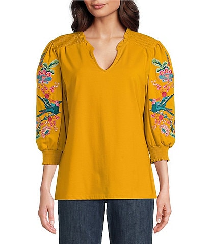 Calessa Split V-Neck Long Floral Embroidered Balloon Sleeve Tunic