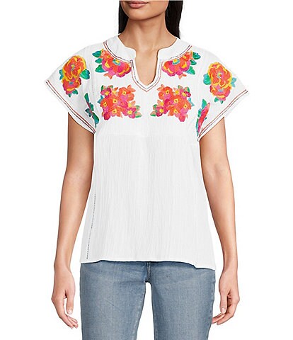 Calessa Split V-Neck Short Sleeve Embroidered Crinkle Top