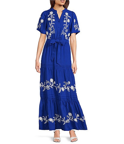 Calessa Split V-Neck Short Sleeve Embroidered Maxi Dress