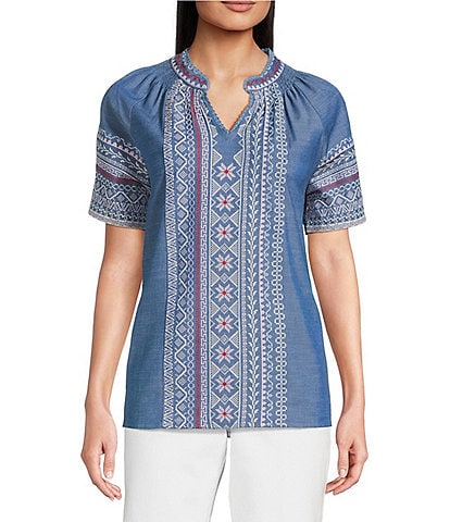Calessa Split V-Neck Short Sleeve Embroidered Tunic