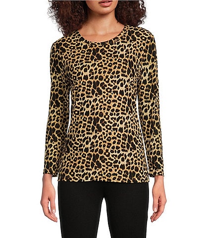 Calessa Stretch Cheetah Print Mesh Crew Neckline Long Sleeve Top