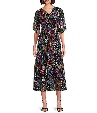 Calessa Stretch Mesh Abstract Multi Print V-Neck Short Flutter Sleeve Tiered Hem Midi Dress