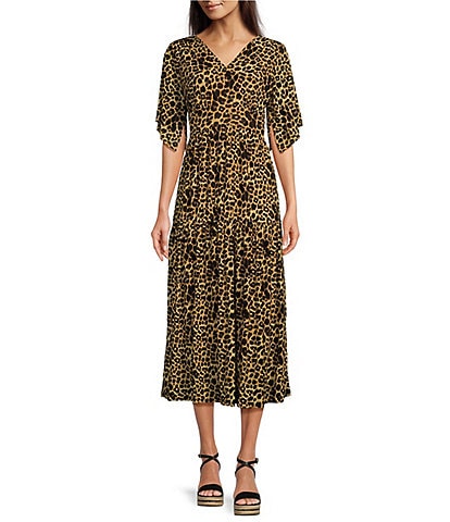 Calessa Stretch Mesh Cheetah Print V-Neck Short Sleeve Tiered A-Line Dress