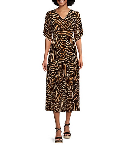 Calessa Stretch Mesh Tiger Print V-Neck Short Flutter Sleeve Tiered Hem Long Dress