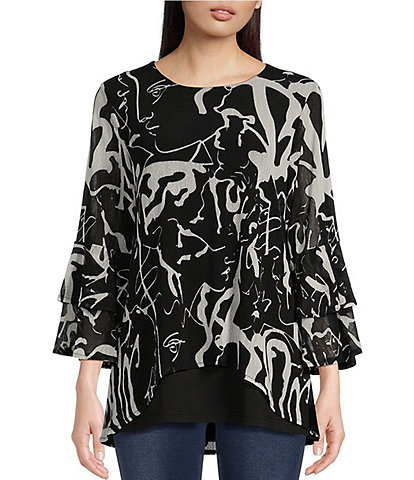 Calessa Swirl Abstract Print Mesh Knit Scoop Neck 3/4 Sleeve High-Low Overlay Tunic