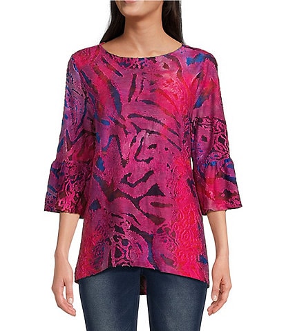 Calessa Textured Knit Burnout Tie Dye 3/4 Bell Sleeve Blouse