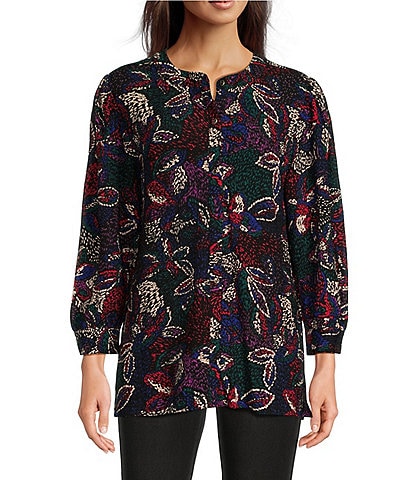 Calessa Textured Knit Floral Round Banded Neck Long Sleeve Button-Front Blouse