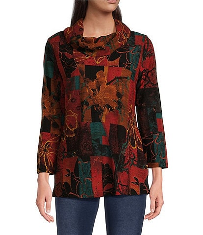 Calessa Textured Knit Printed Cowl Neck Long Sleeve Tunic