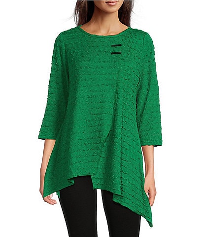 Calessa Textured Puckered Knit Crew Neck 3/4 Sleeve Asymmetrical Tunic