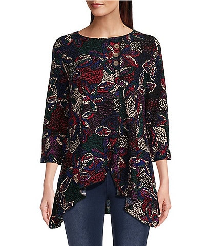 Calessa Textured Puckered Knit Printed Crew Neck 3/4 Sleeve Asymmetrical Tunic